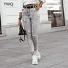 Jeans vintage strappati grigi da donna Streetwear Pantaloni a matita in denim elasticizzati elasticizzati a vita media sexy 210629