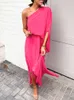 Women 2020 Summer Solid Ruffles Off One Shoulder Dresses Short Sleeve Loose Side Slit Long Maxi Kaftan DrSlit Dress X0529