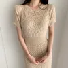 Is silke stickade klänningar kvinnor sommar koreansk elegant smal midja vestidos femme kortärmad o-hals tröja klänning 6J088 210603
