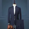 2021 Nuovo Design Blu Navy Uomo Abiti da sposa Colletto alla coreana Slim Fit Smoking dello sposo Abito maschile Prom Best Man Blazer 2 Pezzi Set