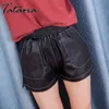 Tataria PU Läder Wide-Legged Shorts Women Höst Winter High Waist Girls A-Line Faux Harem 210514