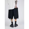 Hip Hop Raw Edge Denim Shorts Oversized Homens Afligidos Vintage Denim Juntos 2021 Verão Casual Lavagem Destruída Calças de Jeans Calções C0607