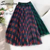 Surmiitro elegante plaid lange tule rok vrouwen voor lente zomer Koreaanse school gecontroleerd hoge taille geplooide maxi rok vrouw 210712