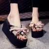 summer sandal high heels chiffon bow super flip flops beach shoes thong slippers wedge platform outdoor sh71 210625