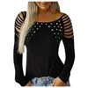 Women's T-Shirt Fashion Streetwear 2022 Autumn Women Solid Color Neck Hollow-Out Studded Long Sleeve VintageT Shirts Casual Tops