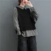 Primavera Outono Coreia Moda Moda Manga Longa Solta Camisas Falsificadas Duas Peças Patchwork Surgindo-Down Collar Casual Blusa Tops V299 210512