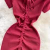 Красный / черный / розовый сексуальный DrawStstring вязаное корпусное платье женщины повседневная короткая рукава высокая талия министидос женское лето 2021 новый Y0603