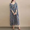 Johnature vintage impressão flores marinho azul verão mulheres vestidos casuais tornozelo-comprimento meia manga o-pescoço vestidos soltos 210521