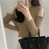 Korean Ramię Otwarte Dzianiny Swetry Pulowers Kobiety Zima Z Długim Rękawem O-Neck Slim Moda Damskie Topy Bluzy Femme 210513