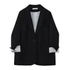 Spring Arrival Women Vintage Solid Black Khaki Blazer Office Ladies Elegant Loose Spliced Sleeve Suit Jacket 210430