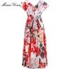 Moda Designer Dress Summer Damska Dress V-Neck Ruffles Lace Camellia Floral Print Lace-Up Dresses 210524