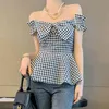 Plaid Hit Color Bowknot Women's Shirt Slash Neck Off Shoulder Tunic Elegant Blouse Female Summer Fashion 210524