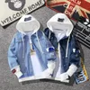 Män tryckta hooded jean jackor designer manlig vår hip hop smal denim jacka rockar mode trend casual streetwear rippade cowboy ytterkläder