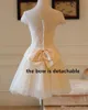 Champagne Bridesmaid Dresses Knee Length Soft Tulle Floral Applique with Beads Zipper with buttons Back Wedding guest dresses