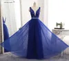 Stunning Royal Blue Evening Dresses Scoop V-Neck Sparkling Beads Sequins Crystal Top Pleats Soft tulle Skirt Prom Dress Real Pictures