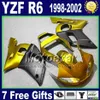 Custom Fairing Kit för YZF-R6 98-02 Yamaha YZF600 YZF R6 1998 1999 2000 2001 2002 Svart Blå Motorcykel Fairings Set GG36 +7 Presenter