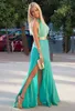 Proste Turkusowe Szyfonowe Długie Suknie 2016 Halter High Slit Robe de Soiree Longue Draped Złoty Pas Sash Evening Party Gowns Gowns