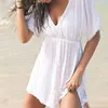 Сексуальные женщины Белый помпон отделка кафтан пляж платье бикини прикрытия пляж плавать костюм прикрыть Saidas де Прайя