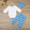 Infant Newborn Baby Boys Girls Clothes Round Neck Long Sleeve Geometry Bodysuit Drop Sheep Printing Pants Bow Hat 3pcs Cotton sets