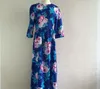 2015 moda nueva gasa maxi vestidos para mujer ropa de verano otoño cuello redondo azul floral impreso vestidos mujeres bohemio vestidos casuales xl