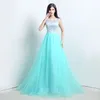 2015 Nya Stock Elegant A-Line Mint Green Lace Aftonklänningar med applikationer Golvlängd billiga promfestklänningar Vestidos de Festa290L