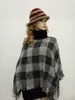 Wholesale- Women Oversized Plaid High Collar Loose Bat Sleeve Irregular Kintted Sweater Shawl Tassel Poncho Cape Coat Pullover