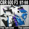 Gratis 7 gåvor Bodywork Fairings för Honda CBR600 F3 1997 1998 CBR 600 97 98 Vit Blå Svart Plast Fairing Kit Qy47