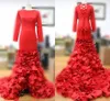 Amazing Red Petals Trailing Evening Dresses 2016 Crew Long Sleeve Slim Fit Prom Dresses Lace Up Back Sweep Train Celebrity Formal Gowns