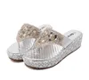 2016 Silber Gold Plattform Low Heel Strass Sandalen Flip Flops für Frauen Perlen Schuhe Größe 35 bis 40