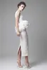 Latest 2016 Krikor Jabotian Evening Dresses Sleeveless Jewel Neck Satin Lace Feathers Prom Gowns Tea-length Pencil Cut Vestidos De Noiva