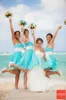 2016 Simple Blue Chiffon Short Bridesmaid Dresses Strapless vestido longo with White Bow Sash Party Gowns Knee Length Cheap Online Custom