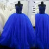 Oszałamiające Royal Blue Quinceanera Suknie Zroszony Gorset Najwyższej Piętra Długość Długość Tull Balowa Suknie Prom Suknie Lace-UP Powrót Custom Made Plus Size