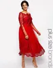 Rote, volle Spitze, formelle Kleider in Übergröße, transparente Bateau-Langarm-Abendkleider, Tee-Länge, A-Linie, Mutter der Braut