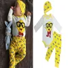 Nyfödda baby kläder nyaste söta pojkar flickor outfit tecknade mönster romper jumpsuit med matchande långa byxor hatt 3pcs barn kläder sätter