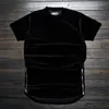 New Mens Hip Hop Longline T Shirts Fashion Hi-Street Män Utökad skjorta Velour Golden Side Zipper Velvet Curved Hem Tee