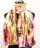 1pcs Red Pink Cherry Blossoms Fences Scarves Gold Women's Fashion Satin Oil Painting Long Wrap Shawl Beach Silk Scarf 160X50cm