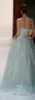 우아한 파란색 된 이브닝 드레스 Appliqued Strapless Sequined Prom 가운 Vestidos 페스타 스위프 기차 Tulle 라인 공식 드레스
