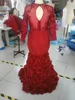 Romantic Red Evening Dress Mermaid With Rose Floral Ruffles Sheer Prom Gown With Applique Long Sleeve Prom Dresses With Bra Sweep 6933066