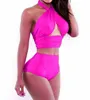 High Quality Women High Waisted Bathing Suits Slim Black Push Up Chest Wrapped Halter Bikini 5 colors