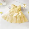 Bebek kız yay elbise prenses elbise çocuk dantel patchwork kolsuz elbiseler çiçek kız parti elbise çocuklar moda giyim