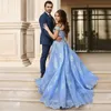 Vestidos de noche azules claros con hombros descubiertos y apliques de encaje Vestidos de fiesta con cremallera en la espalda Tren de barrido por encargo Vestidos De Noiva 2017