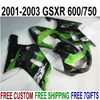 SUZUKI GSX-R600 GSX-R750 2001-2003 K1 검정색 녹색 페어링 키트 GSXR 600/750 01 02 03 SK52 용 최고급 ABS 페어링 세트