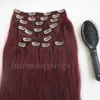 160g 20 22inch Clip In Human Hair Extensions Brasilianska Hår 99J # / Rödvin Remy Rak Hår Vävar 10st / Set Free Comb