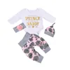 Nuovo set di vestiti per bambina primavera autunno lettera stampata pagliaccetto per bambina + pantaloni floreali fascia per capelli cappello 4 pezzi set di vestiti per neonati