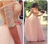 Off-the-Shoulder Half Sleeve Evening Dresses 2015 Pink Lace Appliques Beading Peals Ruched Tulle Prom Dresses Long Plus Size Formal Dresses