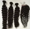 Hair Closure Virgin Peruvian Hair Extensions Natural Color middle part silk closures (4x4) with Bundles Hair 3pc deep wave