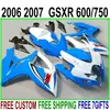 SUZUKI GSX-R600 GSX-R750 용 선물 세트 7 개 무료 배송 2007 K6 블루 화이트 블랙 페어링 키트 GSXR600 / 750 06 07 페어링 NS64