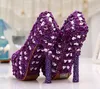 Grandi dimensioni 11 splendidi tacchi con plateau in cristallo viola décolleté da donna scarpe eleganti per la festa nuziale 5 pollici scarpe da ballo con bouquet da sposa