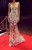 Oscar Sheer Celebrity Sukienki Syrenka Zobacz przez długi mały pociąg Scoop Cap Rękaw Sukienka Red Carpet 2015 Seksowna suknia wieczorowa