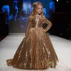 2018 Ragazze Pageant Abiti Principessa Sparkly Gold Paillettes Gioiello Collo Maniche lunghe Piano Lunghezza Bambini Flower Girls Dress Abiti di compleanno economici